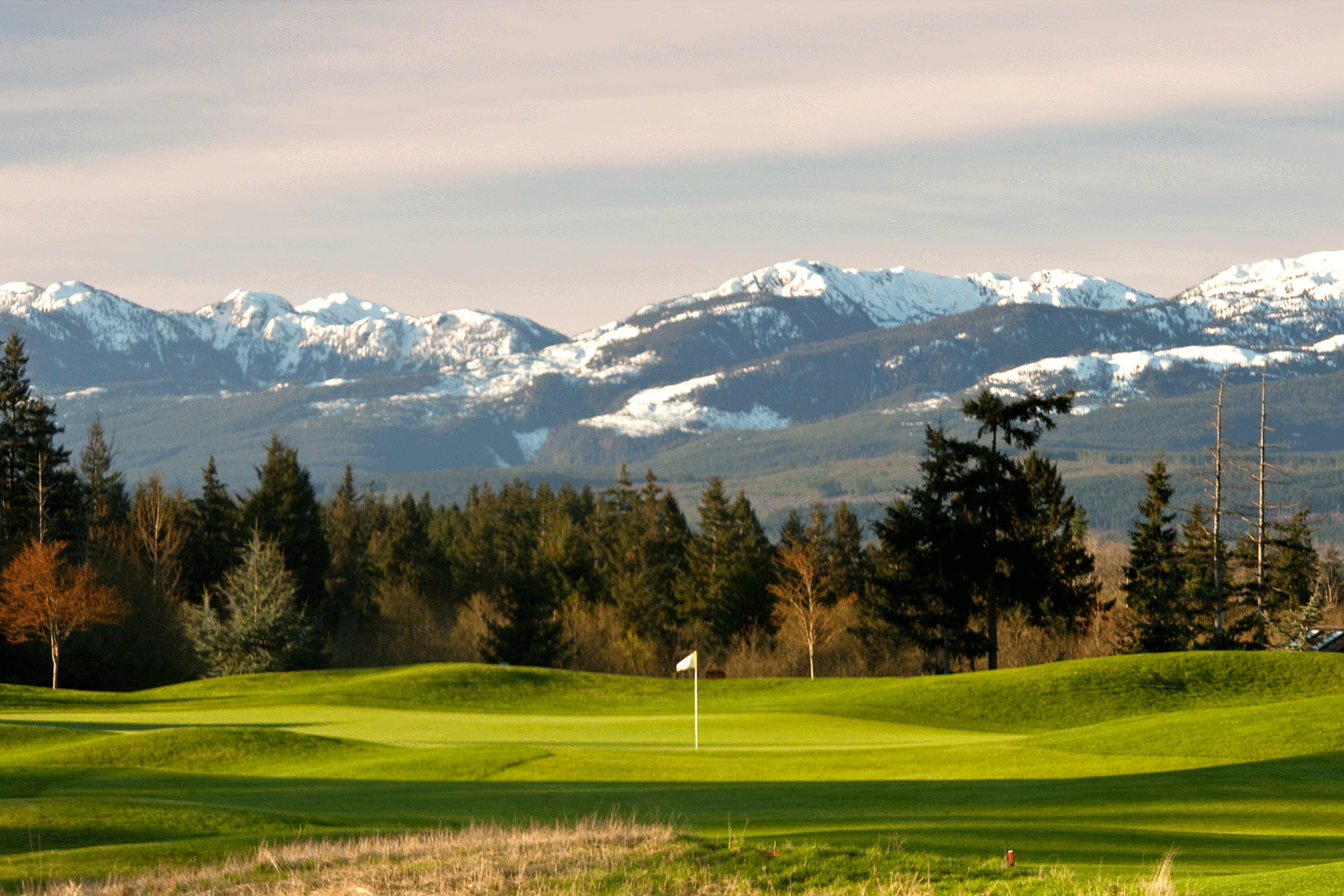 A scenic golf course with vibrant green fairways and a white flag marking a hole, set against a backdrop of snow-capped mountains and forested hills under a soft, pastel sky.